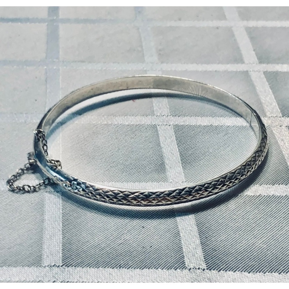 VTG Sterling 5mm Diamond-cut 7" Hinge Bangle Bracelet - 5g with Safety Chain 925 - Picture 5 of 11